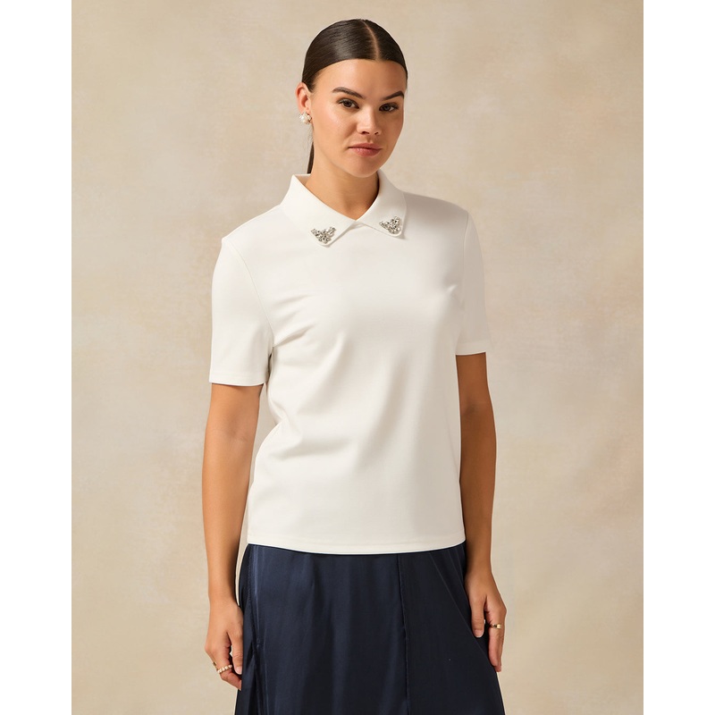 Women Ivory Embellished With Rhinestone Collar  Polo T-shirt