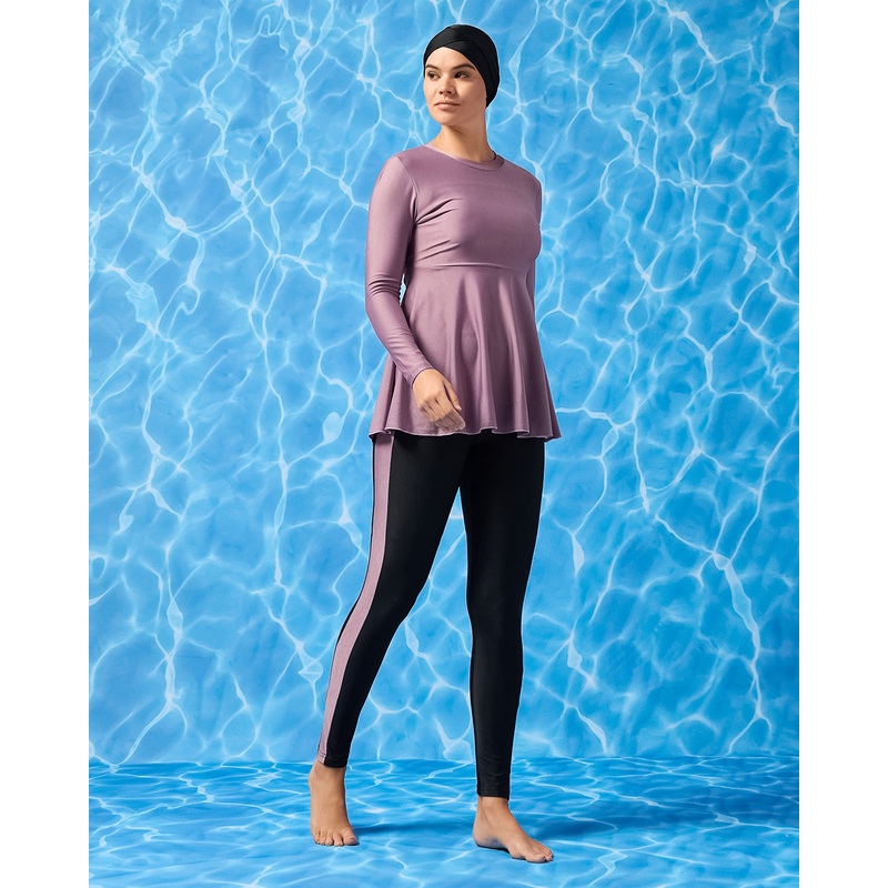 Women Lilac And Black Front Knot Burkini Swim Suit (2 Piece)