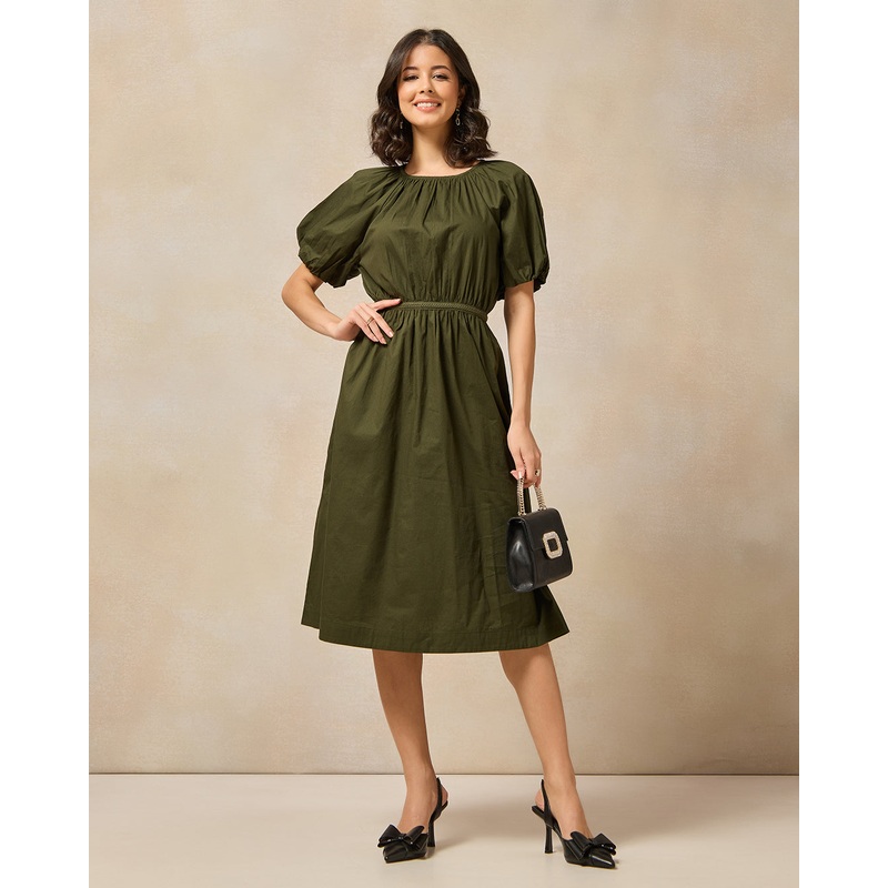 Women Olive Puff Sleeve Flare Dress