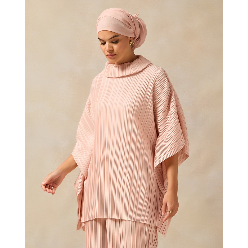 Women Pink Pleated High Neck Blouse