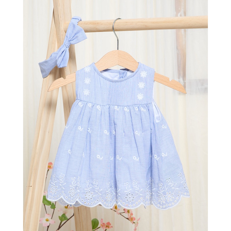 Infant Girls Blue Chambray Blouse With All Over Embroidery