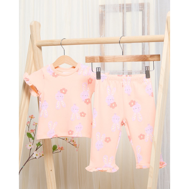 Infant Girls Peach Bunny Floral Pyjama Set (2 Piece)