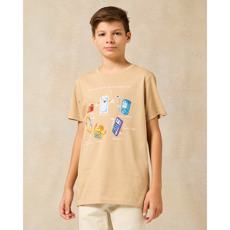 Senior Boys Beige Phone Print T-Shirt