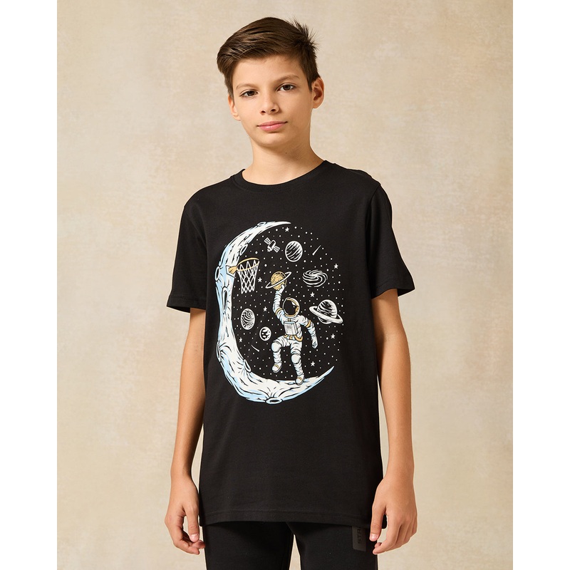 Senior Boys Black Astronaut Basketball Print T-Shirt