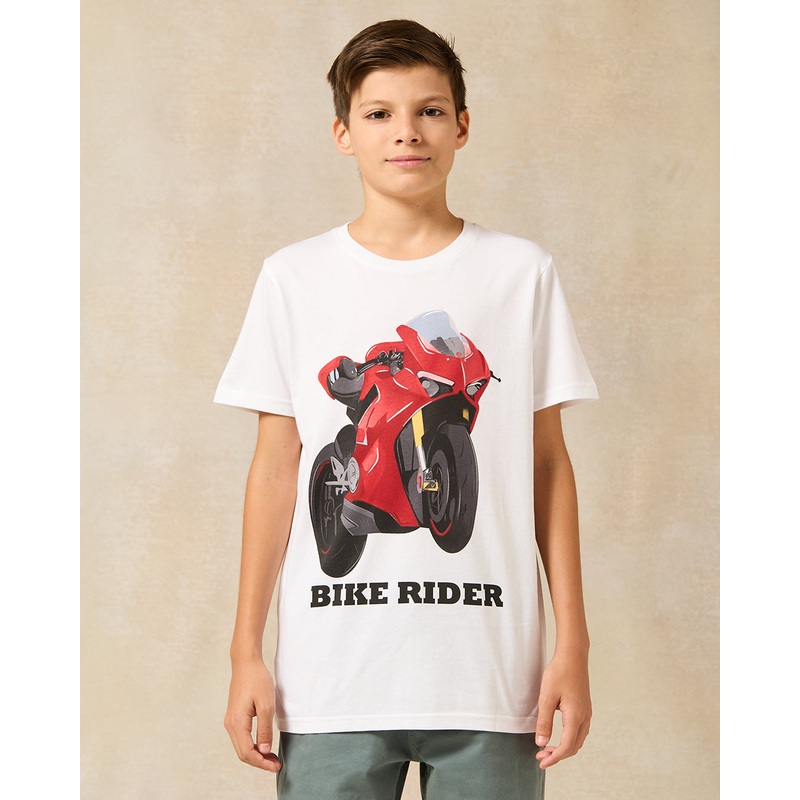 Senior Boys White Biker Print T-Shirt