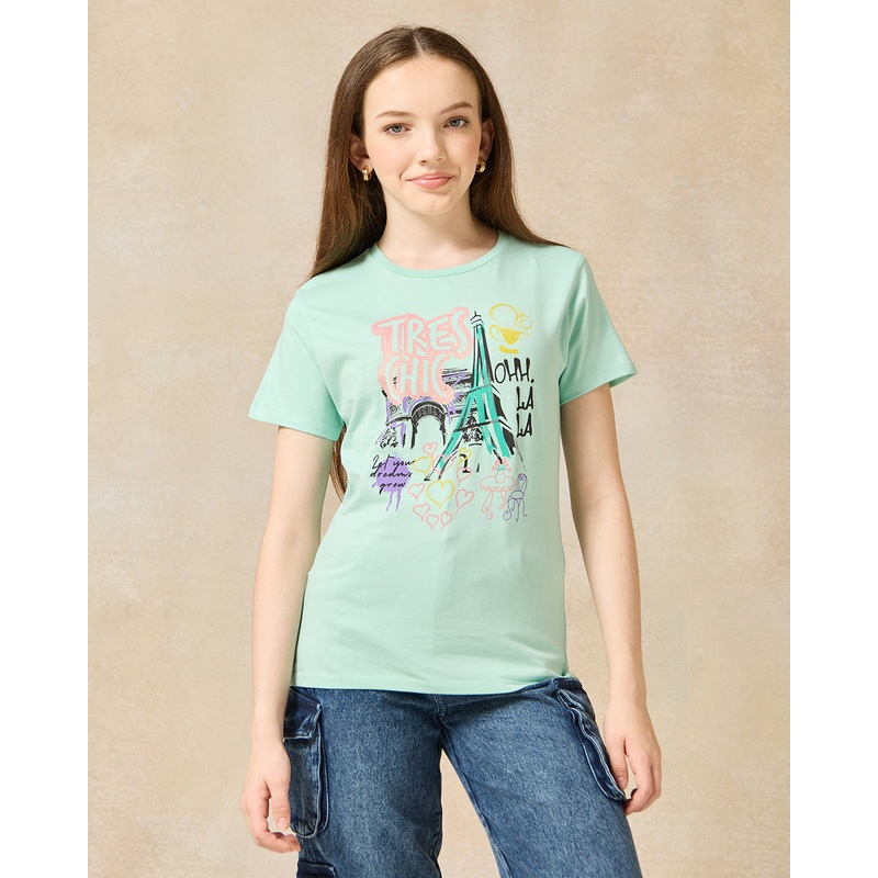 Senior Girls Blue Paris Print T-Shirt
