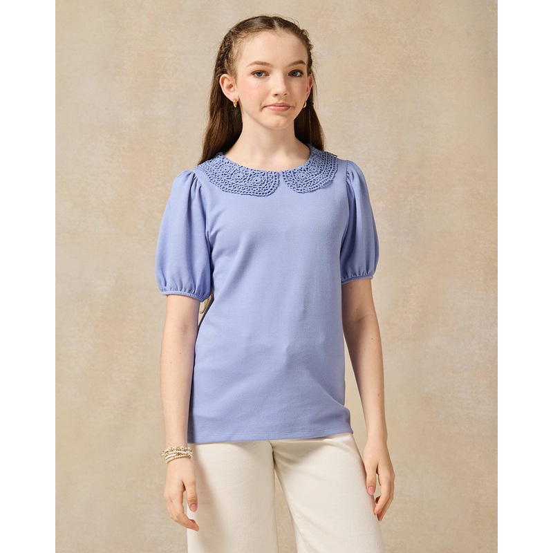 Senior Girls Blue Peter Pan Collar Crochet Top