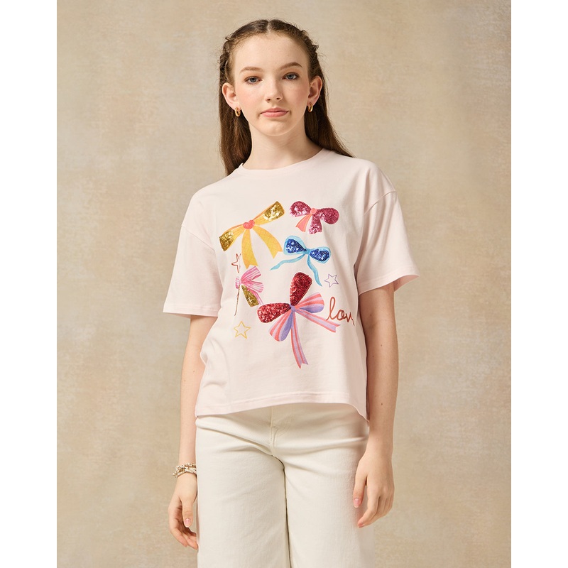 Senior Girls Pink Bow Sequins Top