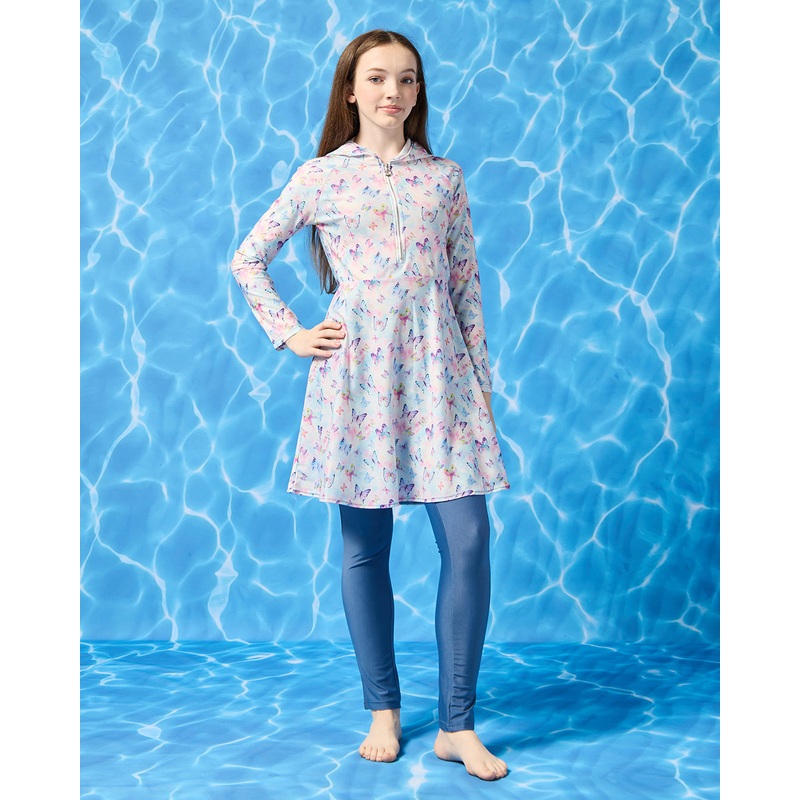 Senior Girls Purple Butterfly Print Hooded Swimmingsuit (2 Piece)