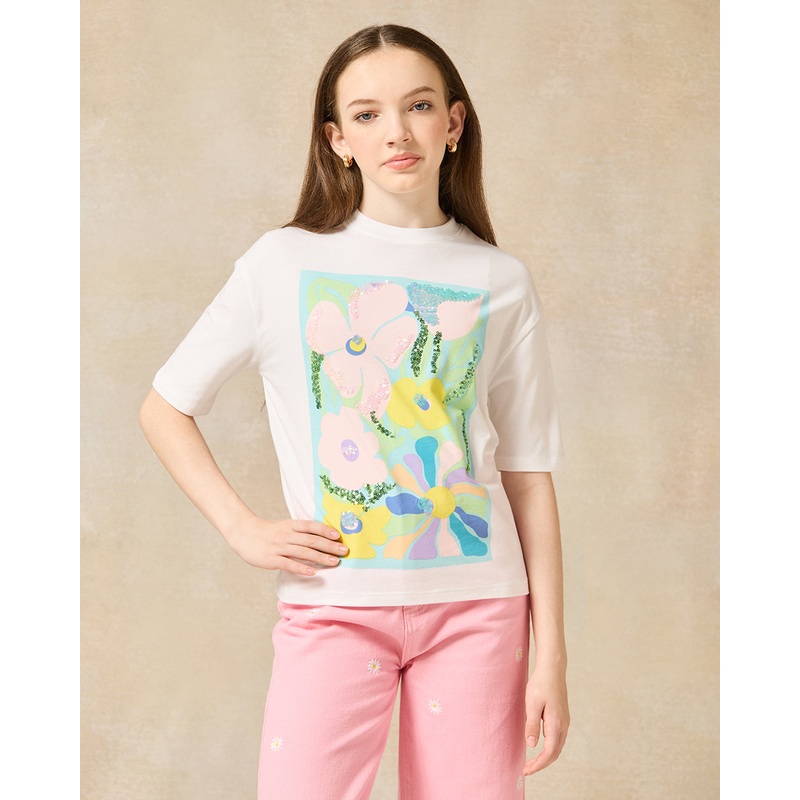 Senior Girls White Boxy Sequins Top