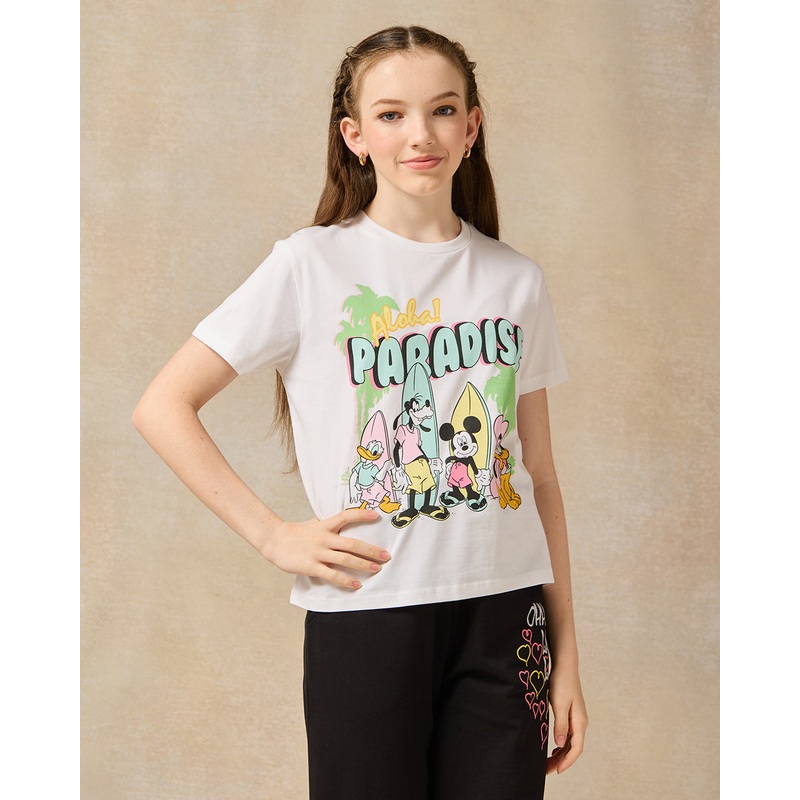 Senior Girls White Mickey Mouse Boxy T-Shirt