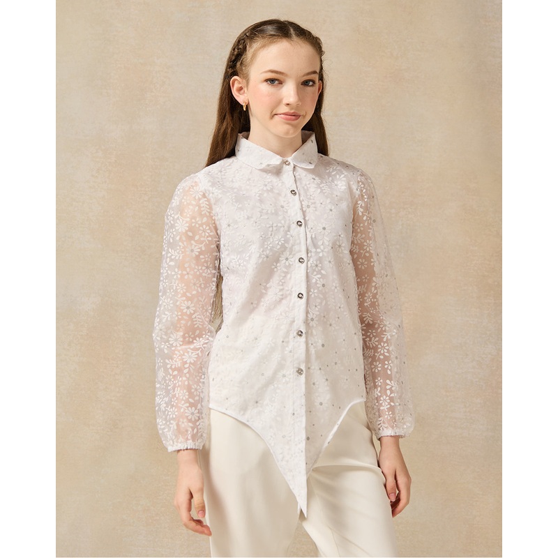 Senior Girls White Organza Embellished Blouse