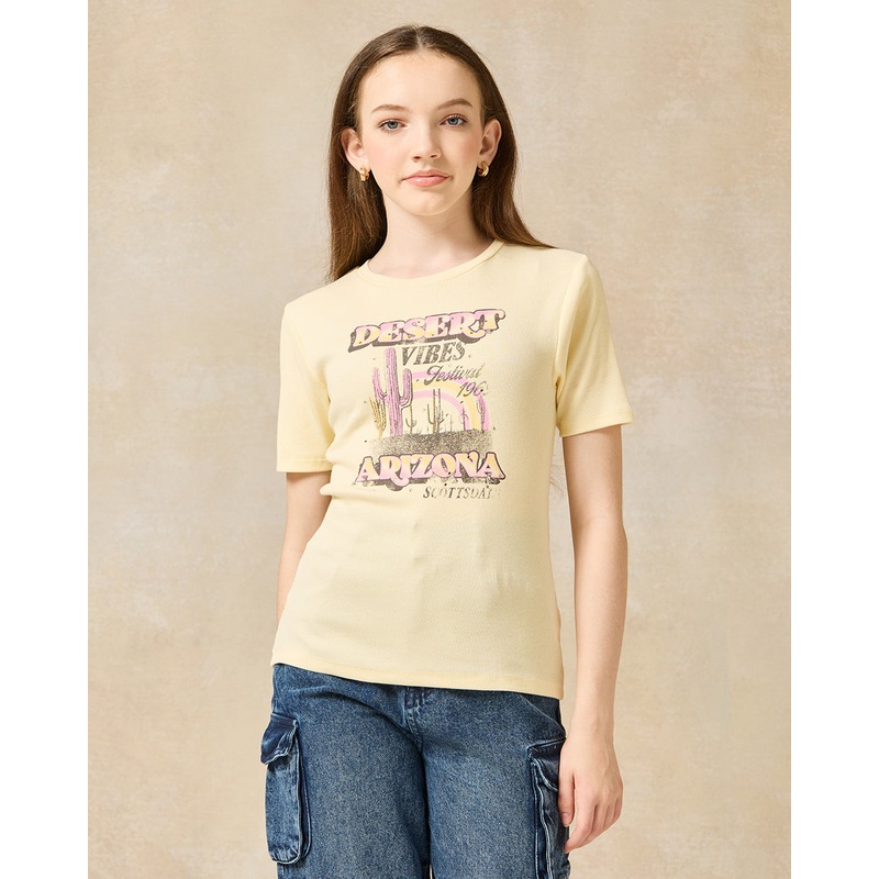 Senior Girls Yellow Placement Print T-Shirt