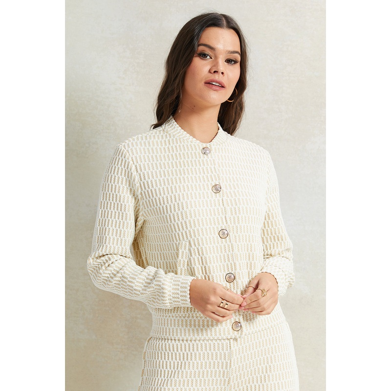Women Cream Jacquard Long Sleeves Jacket