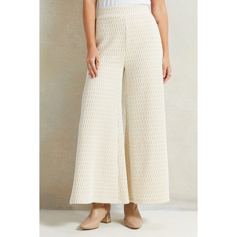 Women Cream Jacquard Wide Leg Pant