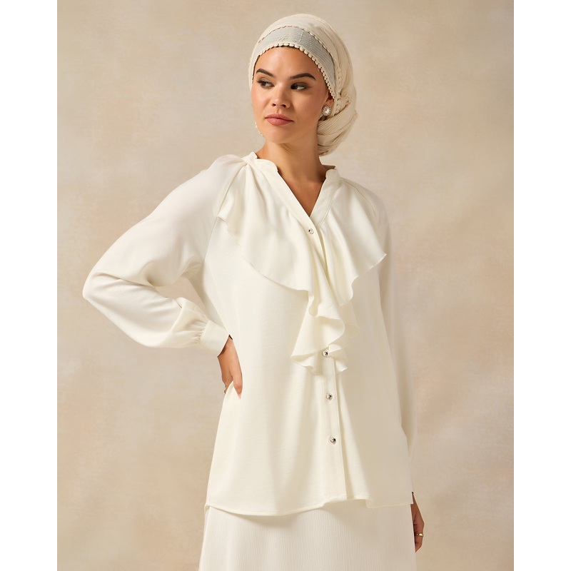Women White Front Ruffle Blouse