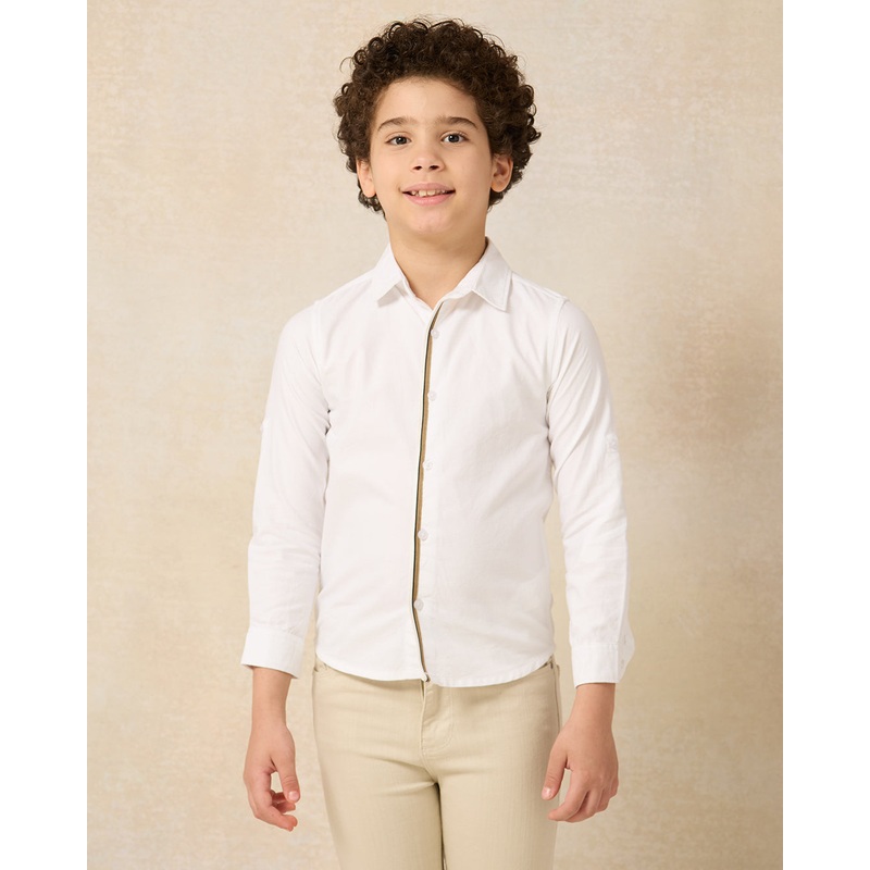 Boys White Contrast Placket Long Sleeve Oxford Shirt