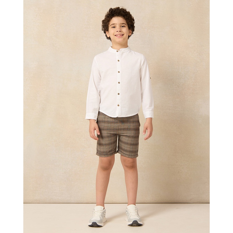 Boys White Mandarin Collar Long Sleeve Shirt With Woven Shorts Set
