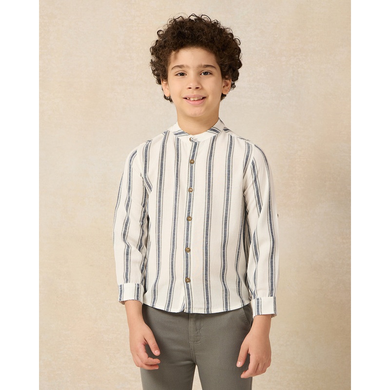 Boys White Stripe Mandarin Collar Long Sleeve Shirt