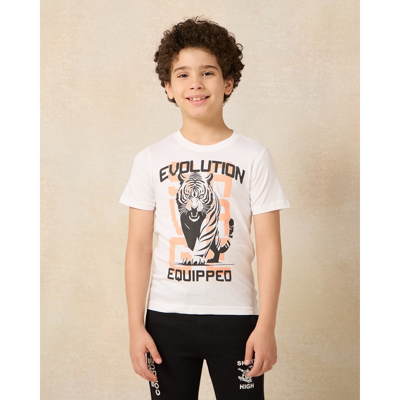 Boys White Tiger Printed T-Shirt