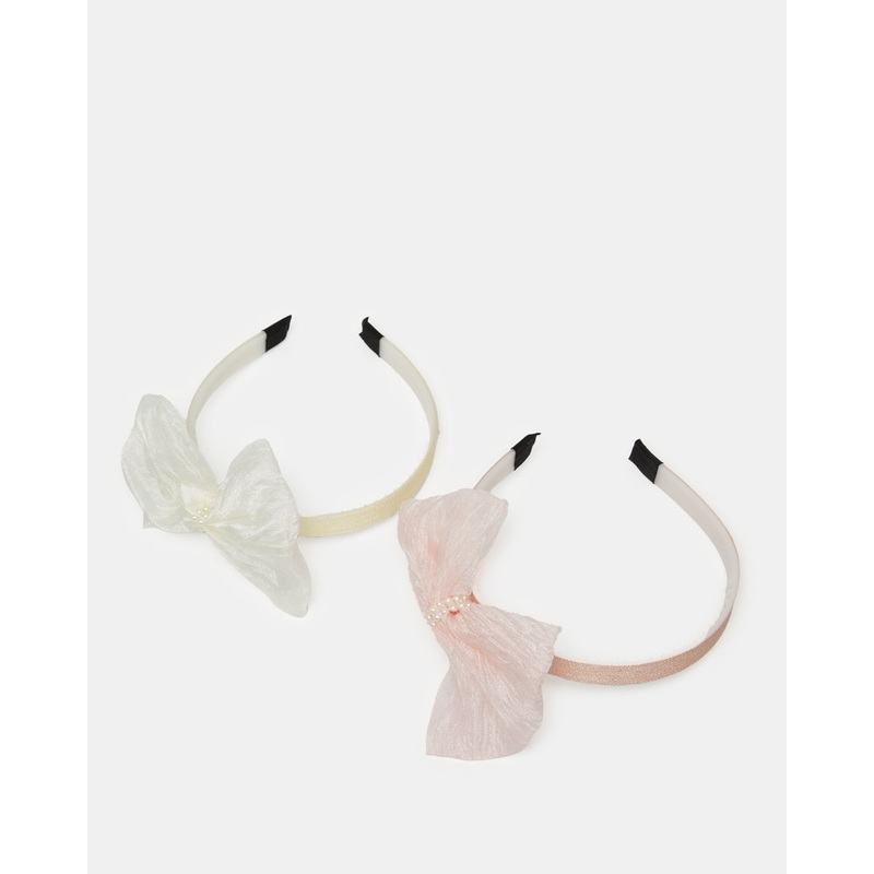Girls Beige And Pink Embellished Headband Set (Pack of 2)