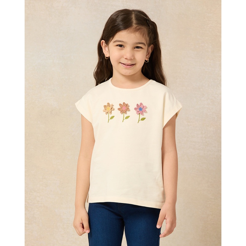 Girls Beige Flower Embroidered T-Shirt
