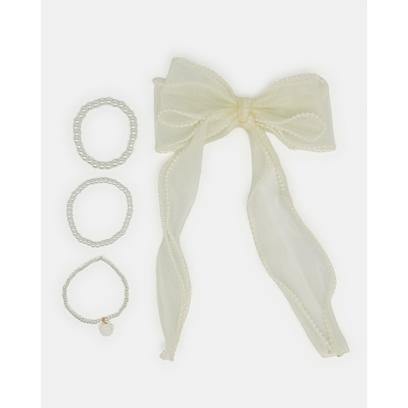 Girls Cream And White Hair Accessories Set (4 Piece)