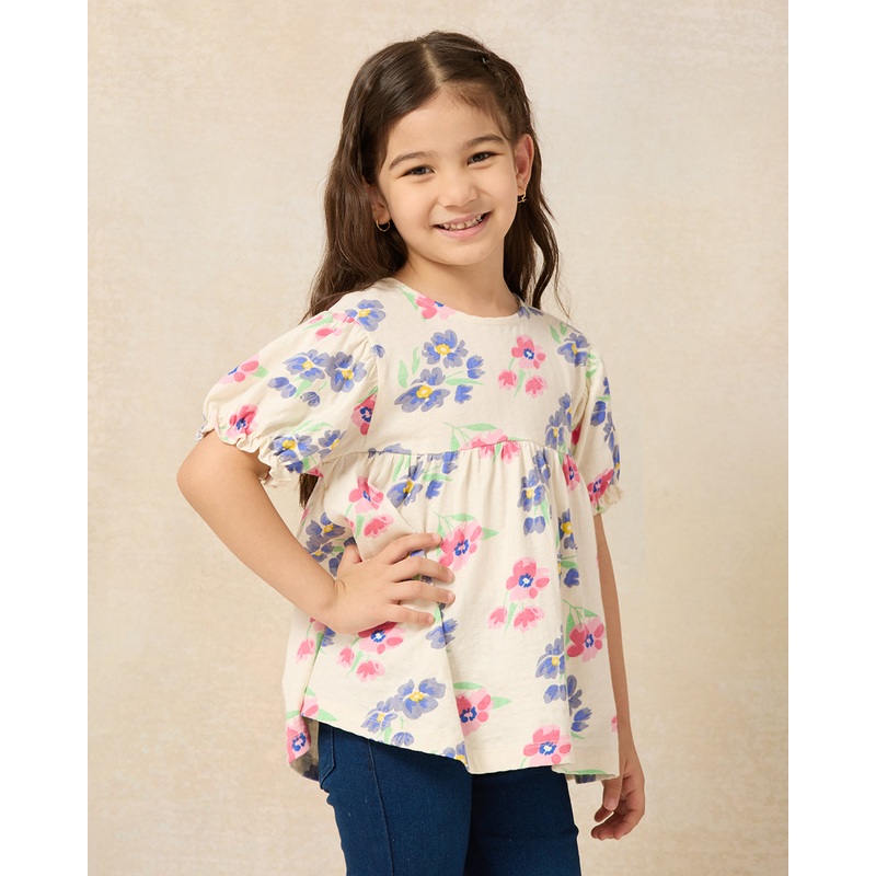 Girls Ivory Floral Print With Puff Sleeve Casual Jersey Top