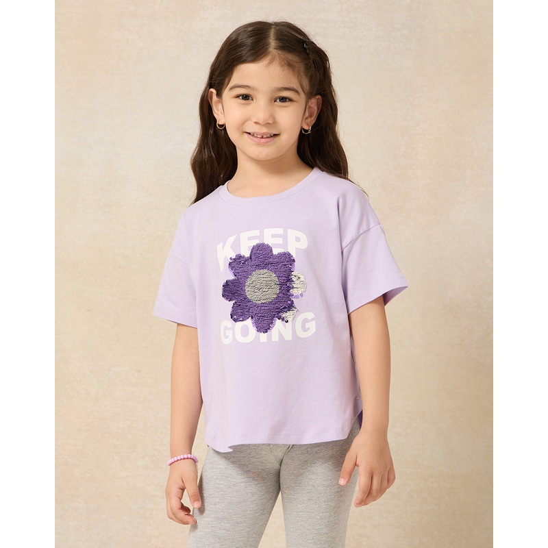 Girls Lilac Placement Print With Sequins T-shirt