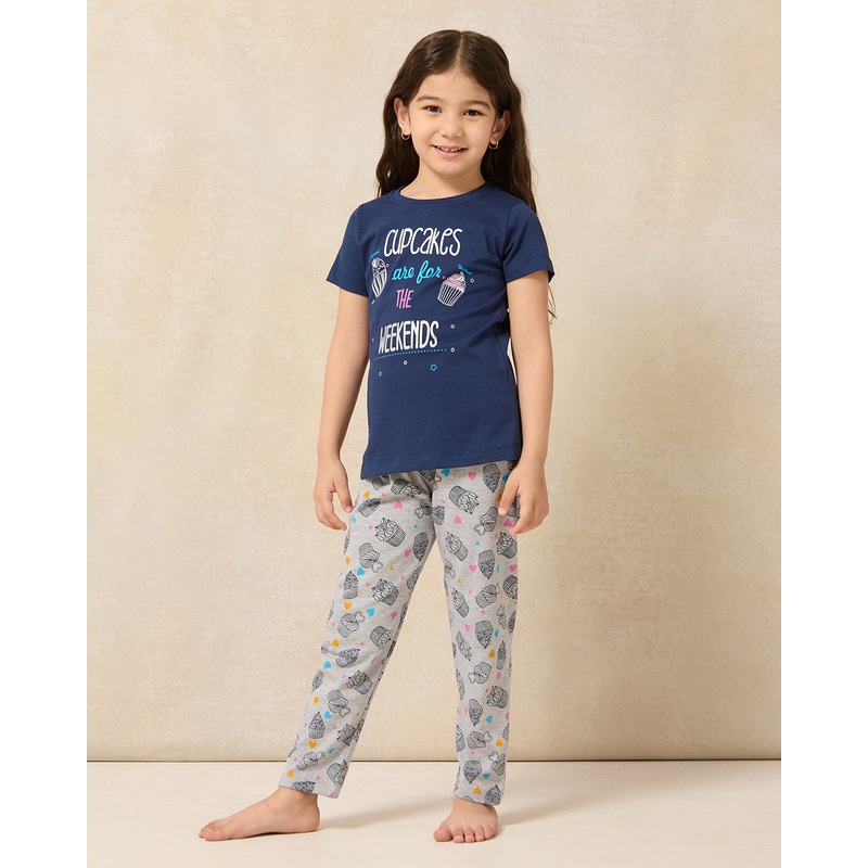 Girls Navy And Grey Printed Pyjama Set (2 Piece)