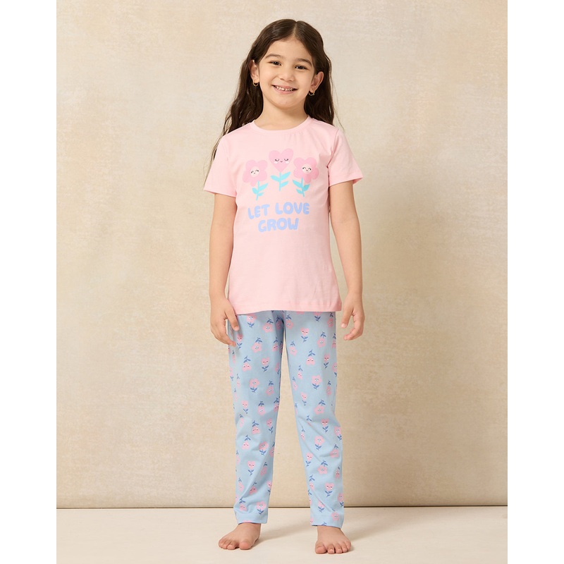 Girls Pink And Blue Printed Pyjama Set (2 Piece)