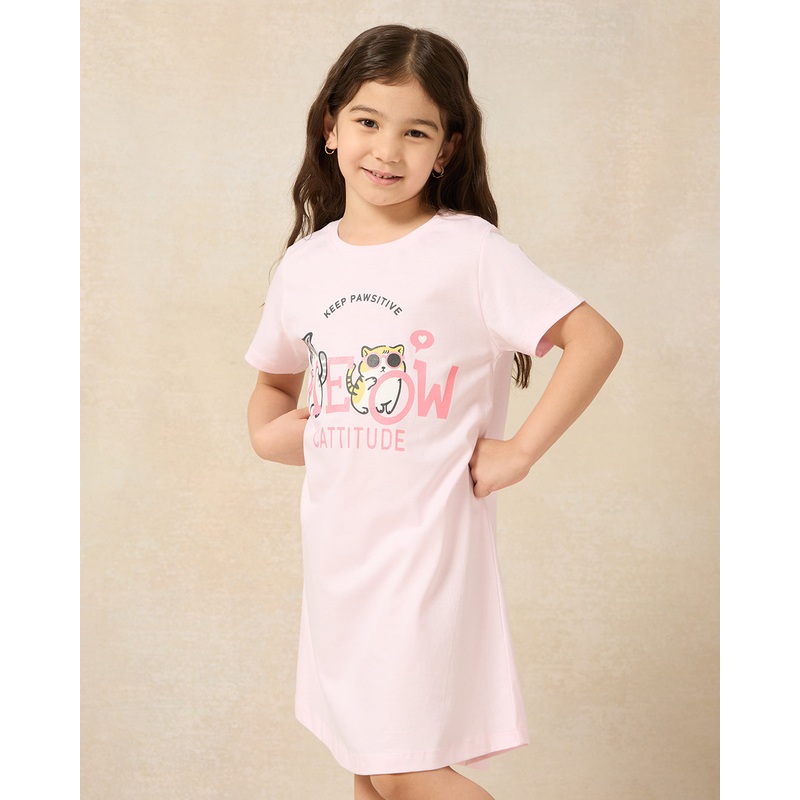 Girls Pink Cat Placement Print Night dress
