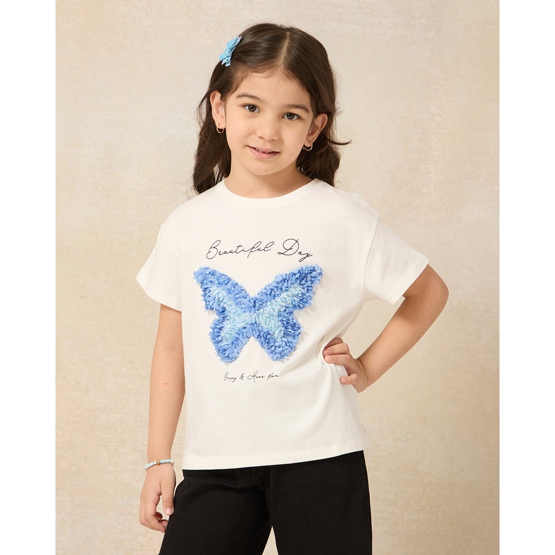 Girls White Butterfly Embellished T-shirt