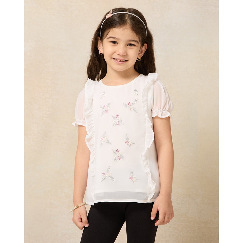 Girls White Embroidered Chiffon Blouse