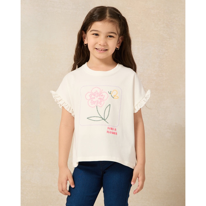 Girls White Flower Embroidered T-Shirt