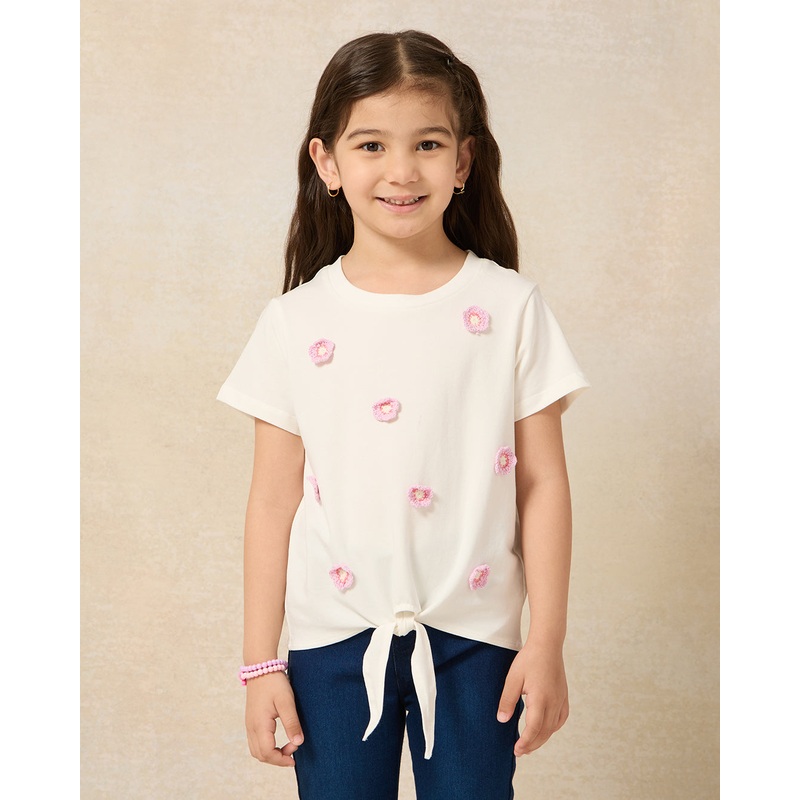 Girls White Flower Embroidered Tie Front T-Shirt
