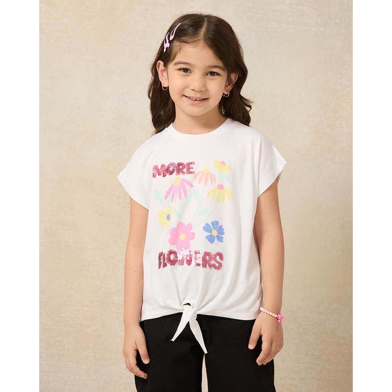 Girls White Printed Crop T-Shirt