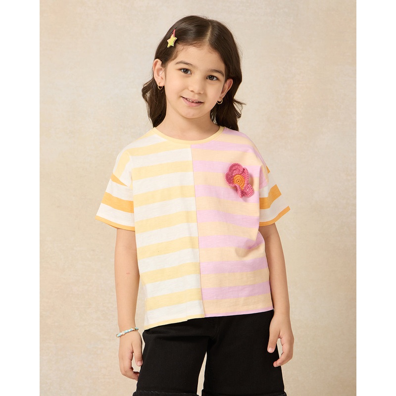 Girls Yellow And Pink Striped With Embellishment T-shirt