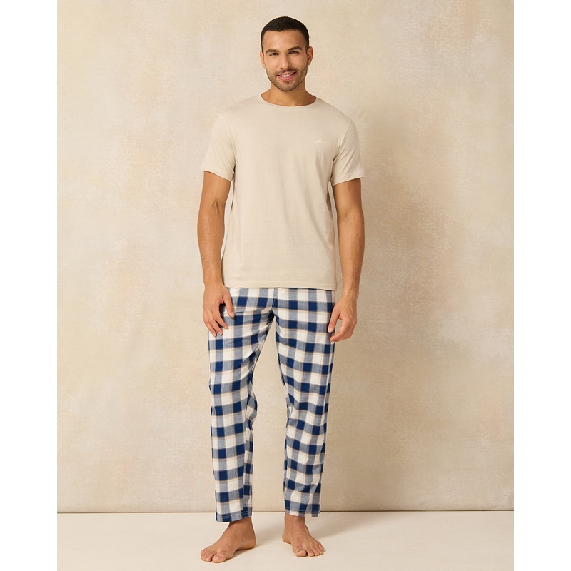 Men Beige And Navy Checkered Pyjama Set (2 Piece)