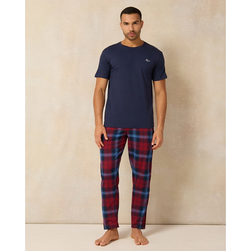 Men Navy And Red Checkered Pyjama Set (2 Piece)