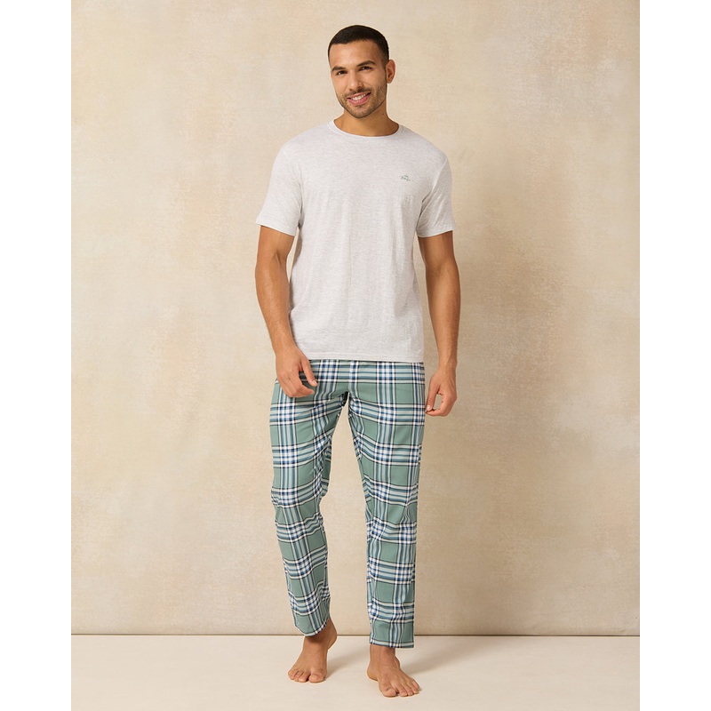 Men White And Green Checkered Pyjama Set (2 Piece)