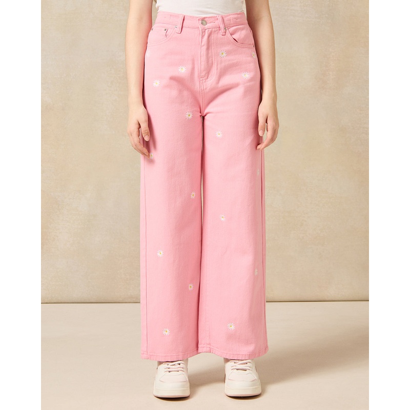 Senior Girls Pink Embroidered Jeans