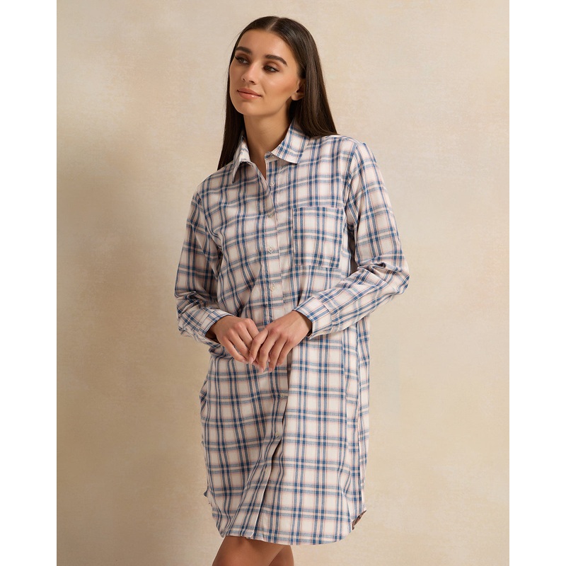 Women Beige And Blue Checkered Nightshirt