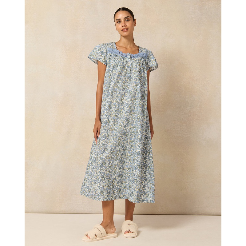 Women Blue Cap Sleeves Nightgown