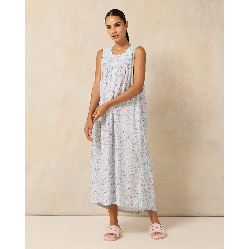 Women Blue Floral Sleeveless Nightgown