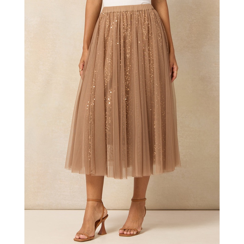 Women Brown Sequins Mesh Skirt
