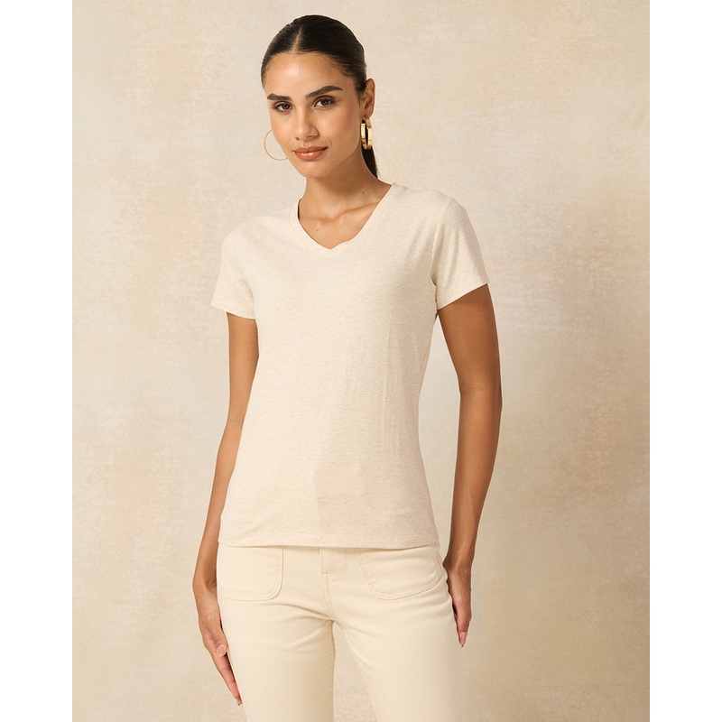 Women Ecru Short Sleeve V Neck T-Shirt