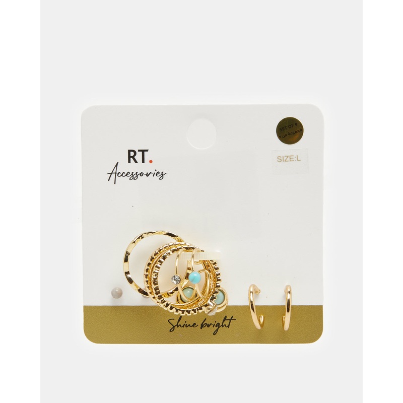 Women Gold Embellished Earrings And Rings Set (9 Pieces)