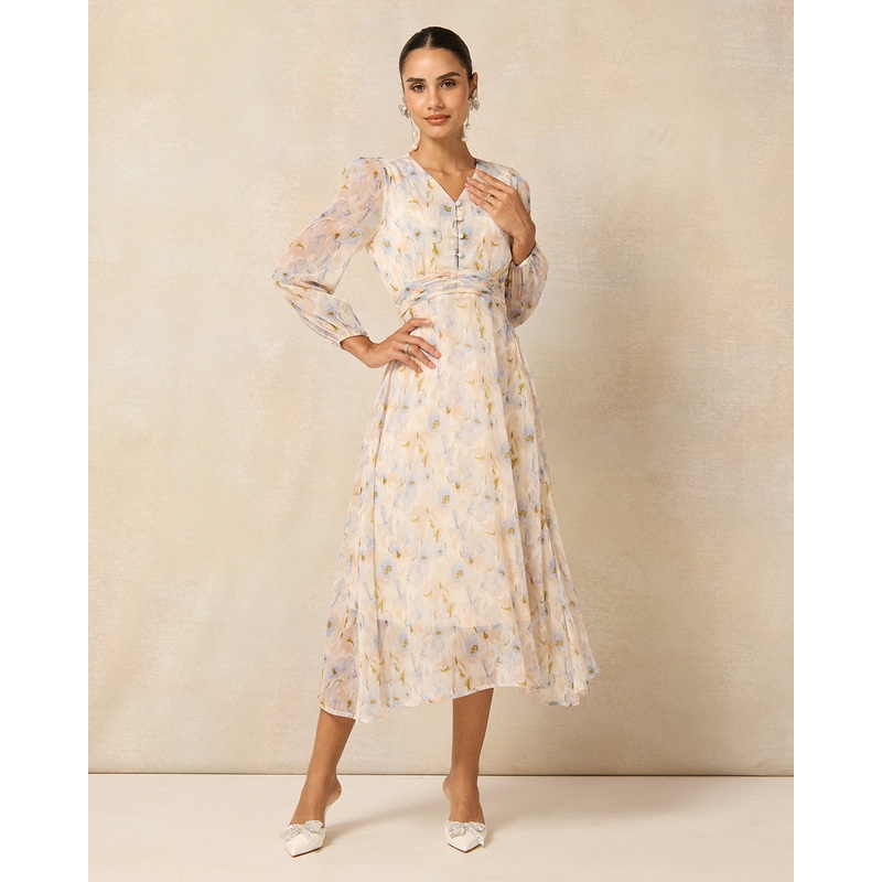 Women Ivory Floral Chiffon Dress