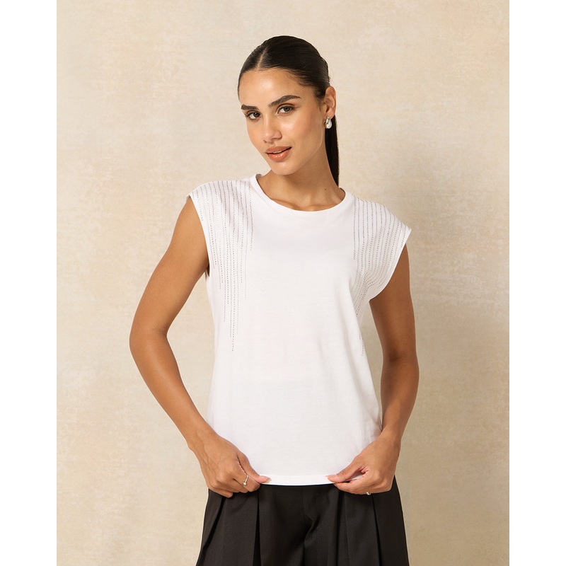 Women Ivory Rhine Stone Detailed Extended Shoulder Top